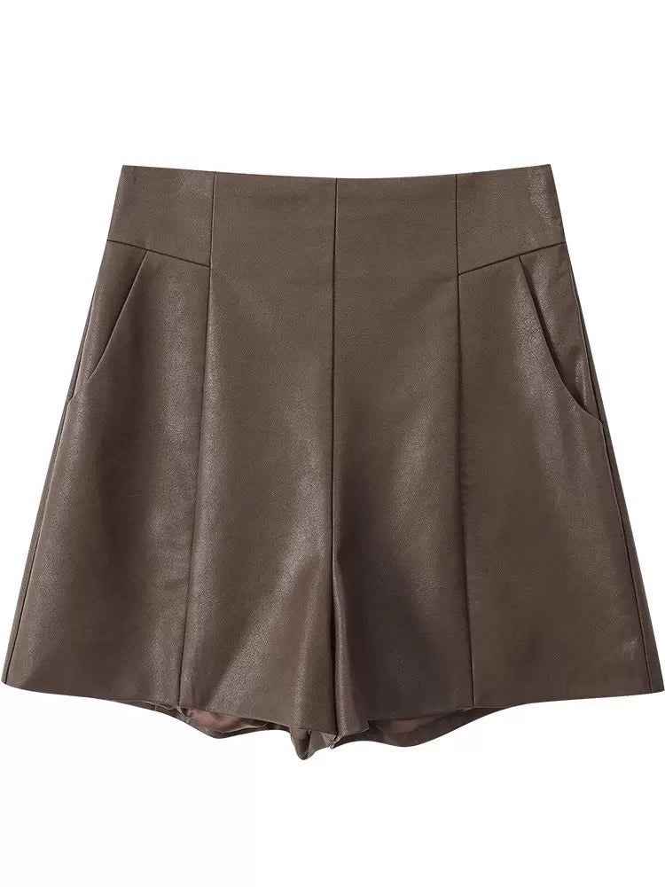 High Waist Leather Shorts Women's 2023 New Autumn and Winter A- line Slimming PU Leather Wide Leg Pants Black Korean Style Outer Boot Pants
