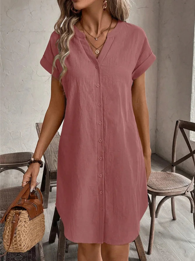 Women Casual Blouse Dress Simple V Neck Button Linen Dress Pockets Loose Large Size Shirt Dress Plus Size Womens Dresses