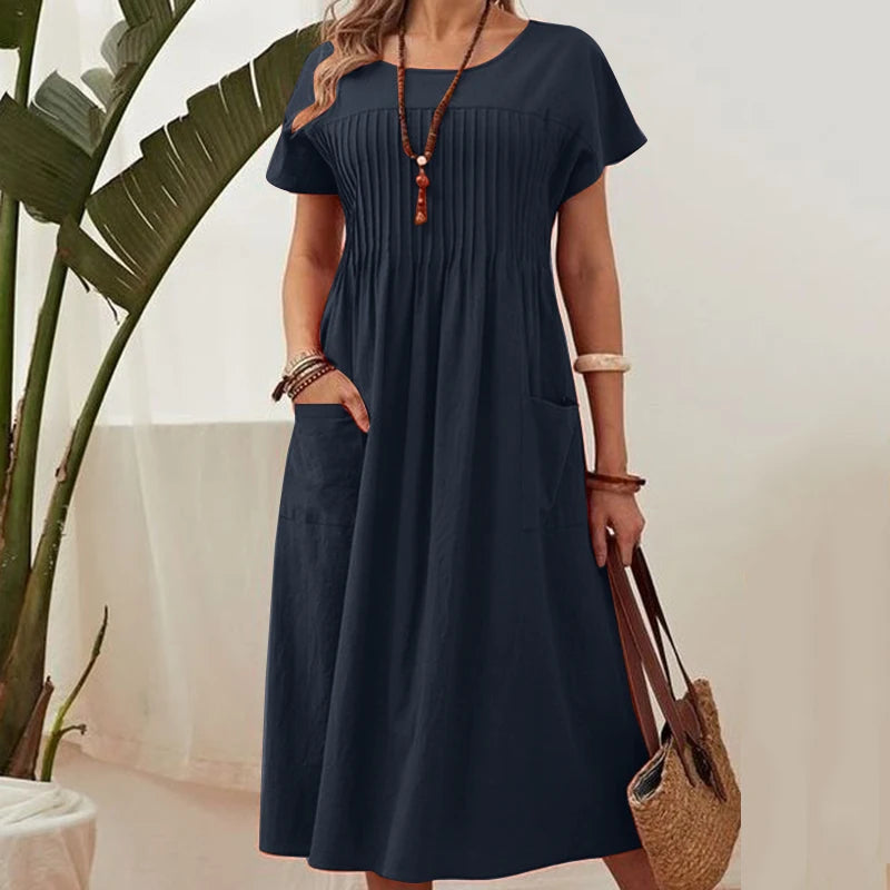 ZANZEA Fashion Summer Women Party Holiday Sundress Elegant O Neck Short Sleeve Solid Mid-calf Dress Casual Vestido Robe Femme