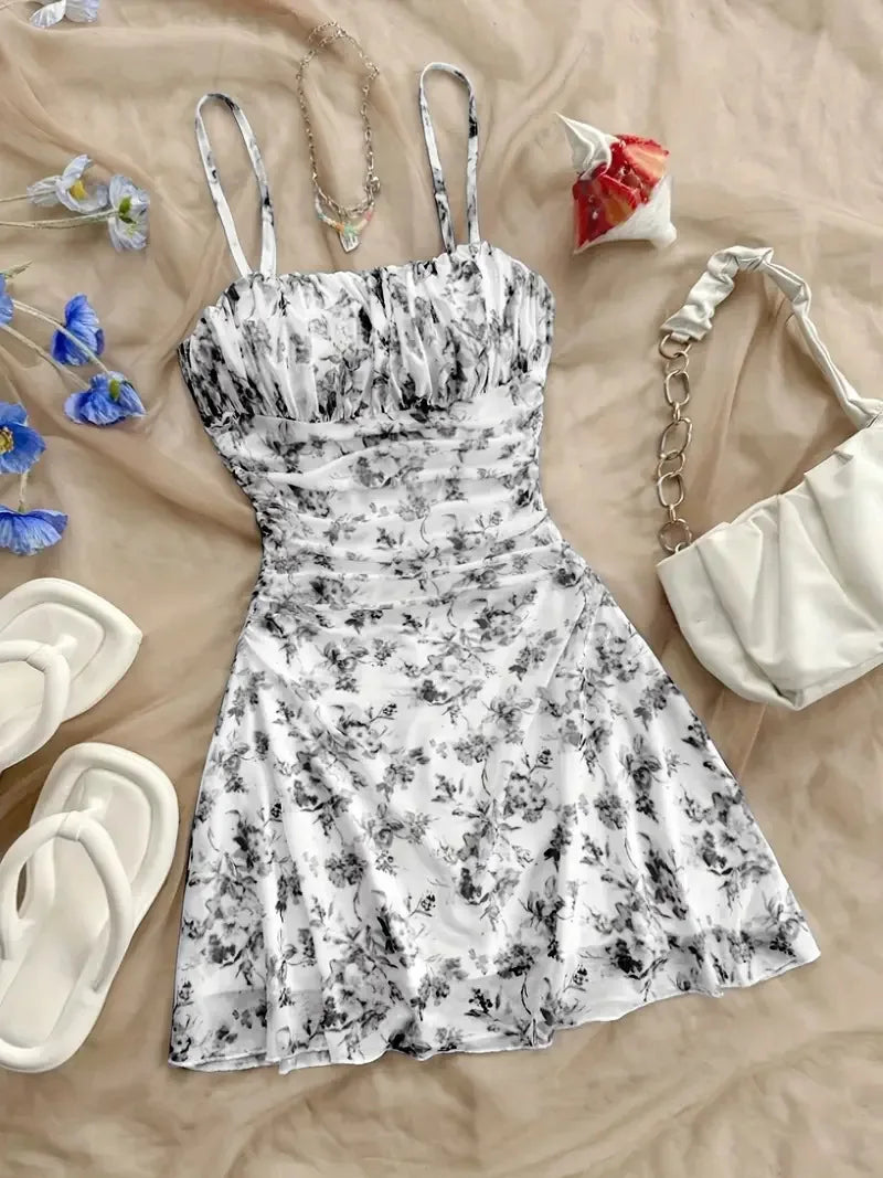 Summer Womens Fashionable Printed Sexy Pleated Dress 2025 Elegant Women's Vacation Style Backless Suspender Beach Mini Vestidos