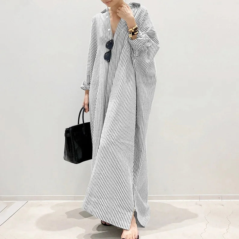 Casual Striped Loose Dresses For Women Fashion Long Sleeve Turn-down Collar Button Shirt Dress Lady Spring Autumn Clothes New