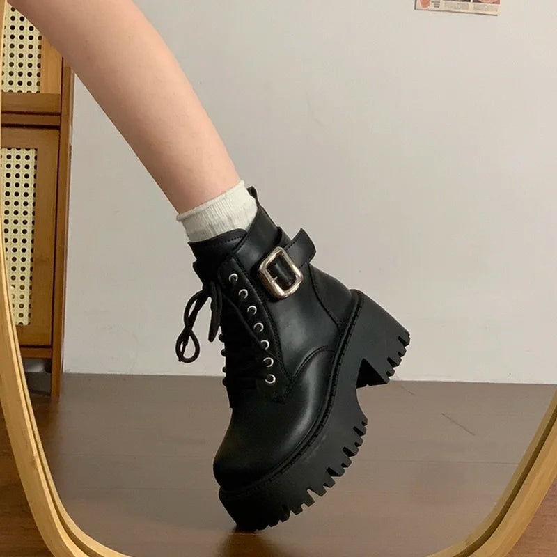 Black Thick Heel Boots Women's British Style Spring Autumn New Fleece Lined Heightening Short Boots Warm round Toe