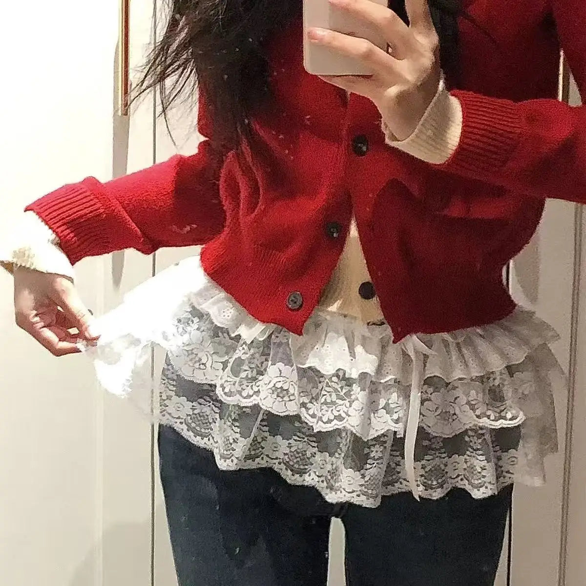 Hollow Out Irregular Lace Skirts Chic Lace-up Design Stacked Layered Feeling Mesh Apron Vintage Women Y2k White Jacquard