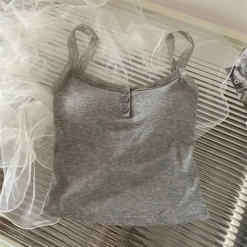 Women Summer 2025 Lace Fashion Tank Top Female Korean Style V Neck Sleeveless Sexy Blouse Cropped Knitwear