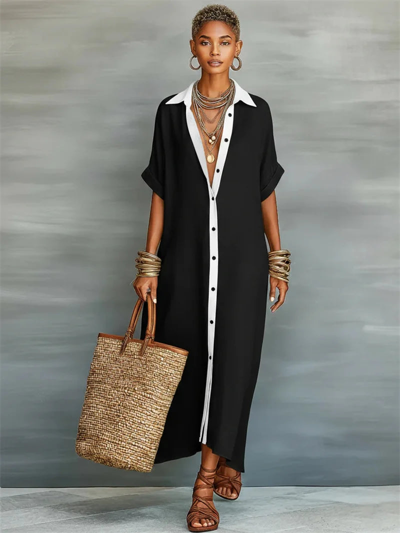 Women Comfortable Casual Cotton Linen Dresses Summer Contrasting Loose Maxi Shirt Dress Female Turndown Collar Short Sleeve Gown