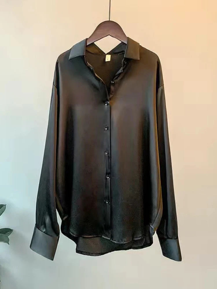 Casual Office Lady Silk Blouses Autumn Long Sleeve Button Up Shirt Women Elegant Winter Tops Office Lady Acetate Blouse