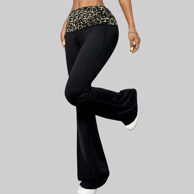 Fashion Leopard Patchwork Flared Leggings Women American Casual Sports Tights Woman Spring Autumn Thin Breathable Wide Leg Pants