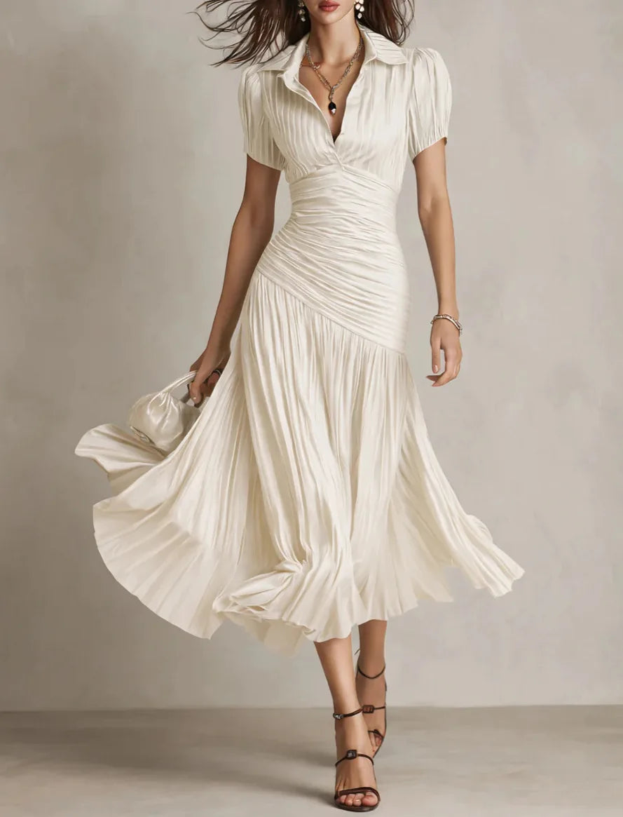 2026 New Summer Women's Striped High-waisted Shirt Dress Waist Slimming Short-sleeved Lapel A-line Skirt