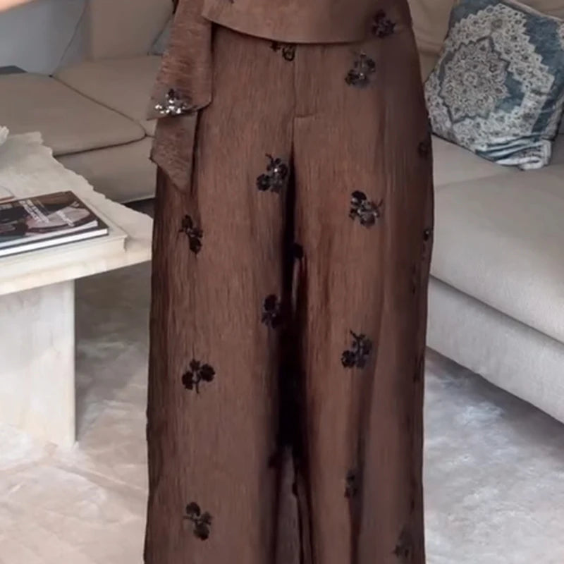 Sequin Embroidered Halter V-Neck Wrap Top & Wide Leg Pants Set 2026 Summer Chic Elegant Women Vocation Casual Two Piece Outfit