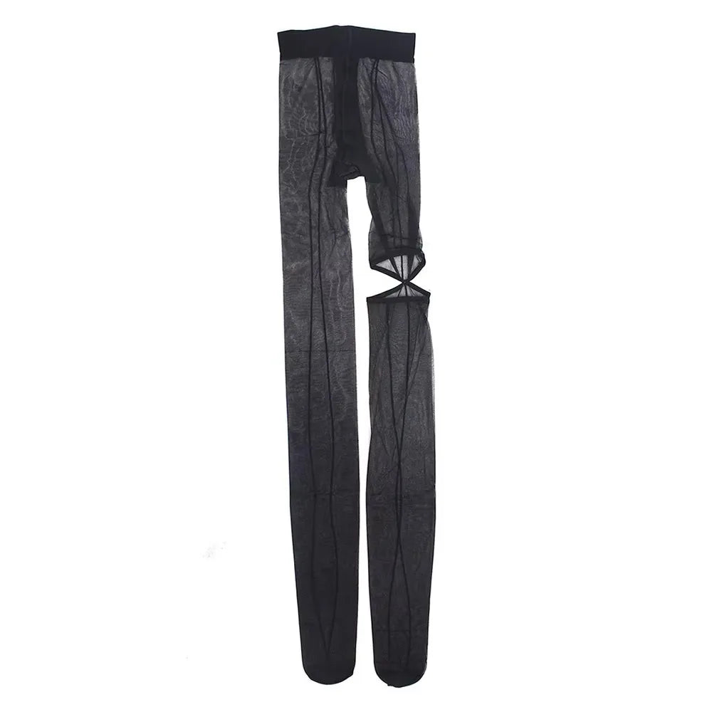 Transparent Mesh High Pantyhose Vertical Line Y2K Asymmetry Pantyhose Women Tights Black Perspective Stockings Summer
