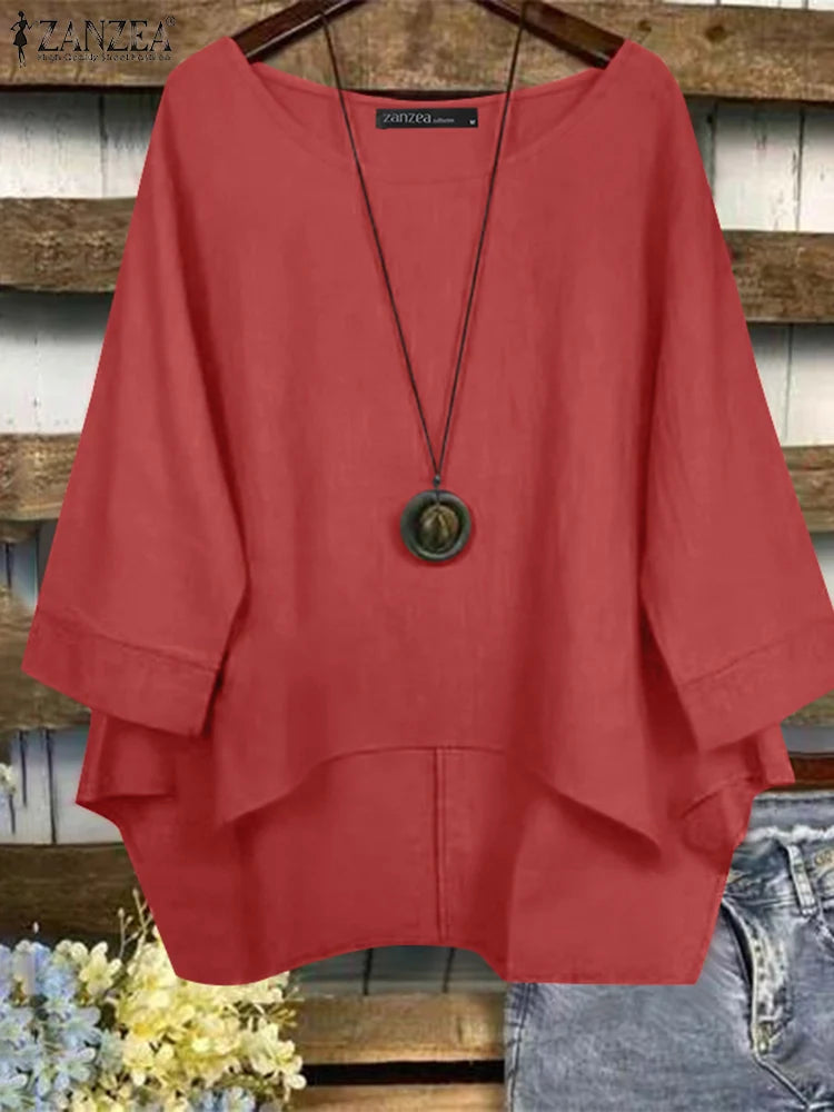 ZANZEA Woman Loose Asymmetrical Hem Blouses 2025 Autumn 3/4 Sleeve O-Neck High-Low Cotton Blusas Mujer Everyday Casual Tops