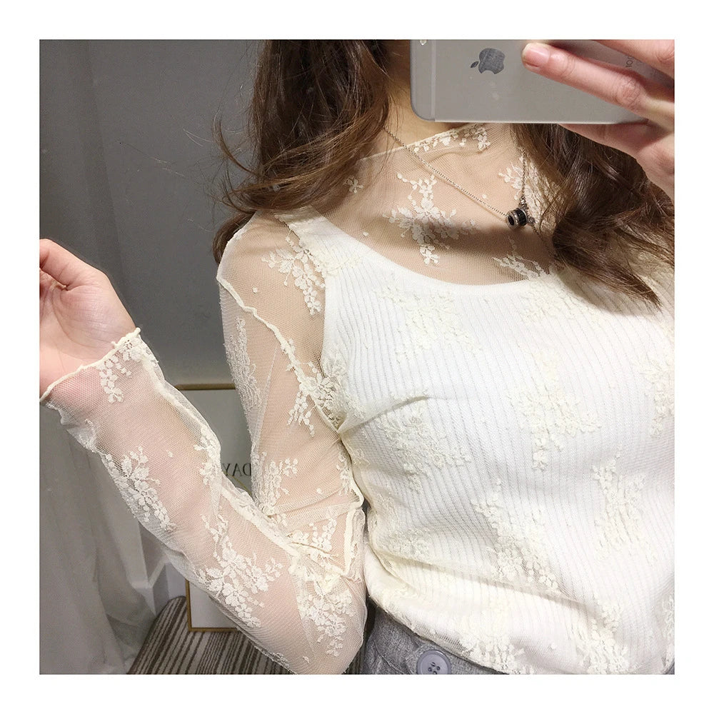Sexy Women See Through Transparent Mesh Tops Long Sleeve Sheer Slim Ladies Turtleneck ds503