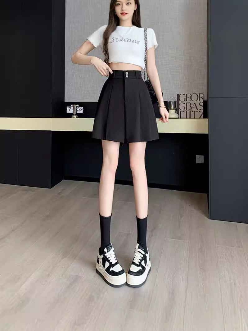 New Casual Autumn Suit Shorts Women's High Waist Slimming Loose Black Year Five Wide Leg 2024 Pleated Skirt Pants