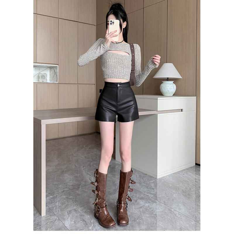 Black High Waist Leather Shorts Women's Autumn and Winter New 2024 Korean Style Tight Fit plus size chubby girl Hip All-match Outer Wear Boots Pants