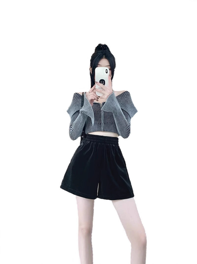 Loose Waist Velvet Black Shorts Women's Outer Wear Thickened Pants 2024 Early Autumn New Loose Wide Leg A- Shoe Pants