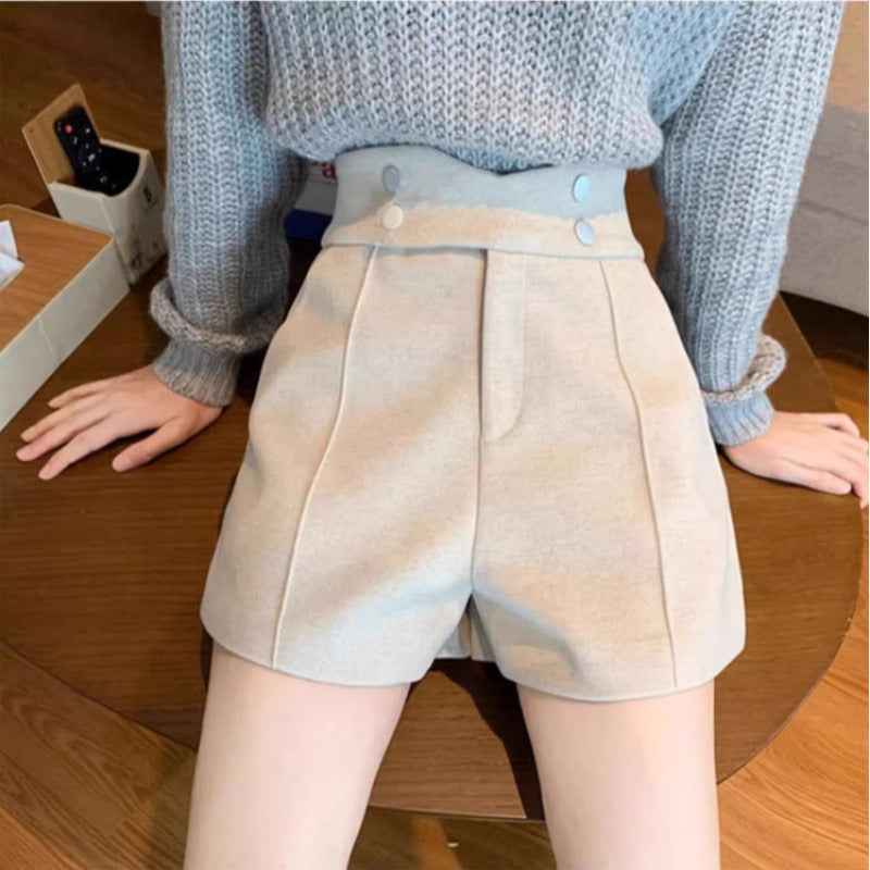 Autumn and Winter New Fashion High Waist Wide Leg Outer Wear Boots Pants for Children and Students Korean Style Loose Thickened Woolen Shorts Trendy