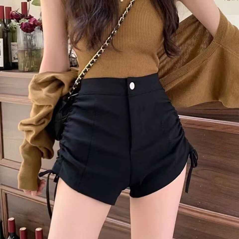 Two Side Strap Casual Shorts Women's Summer Thin Small High Waist Slimming Tight A- Line Drawstring Hot Pants for Hot Girls