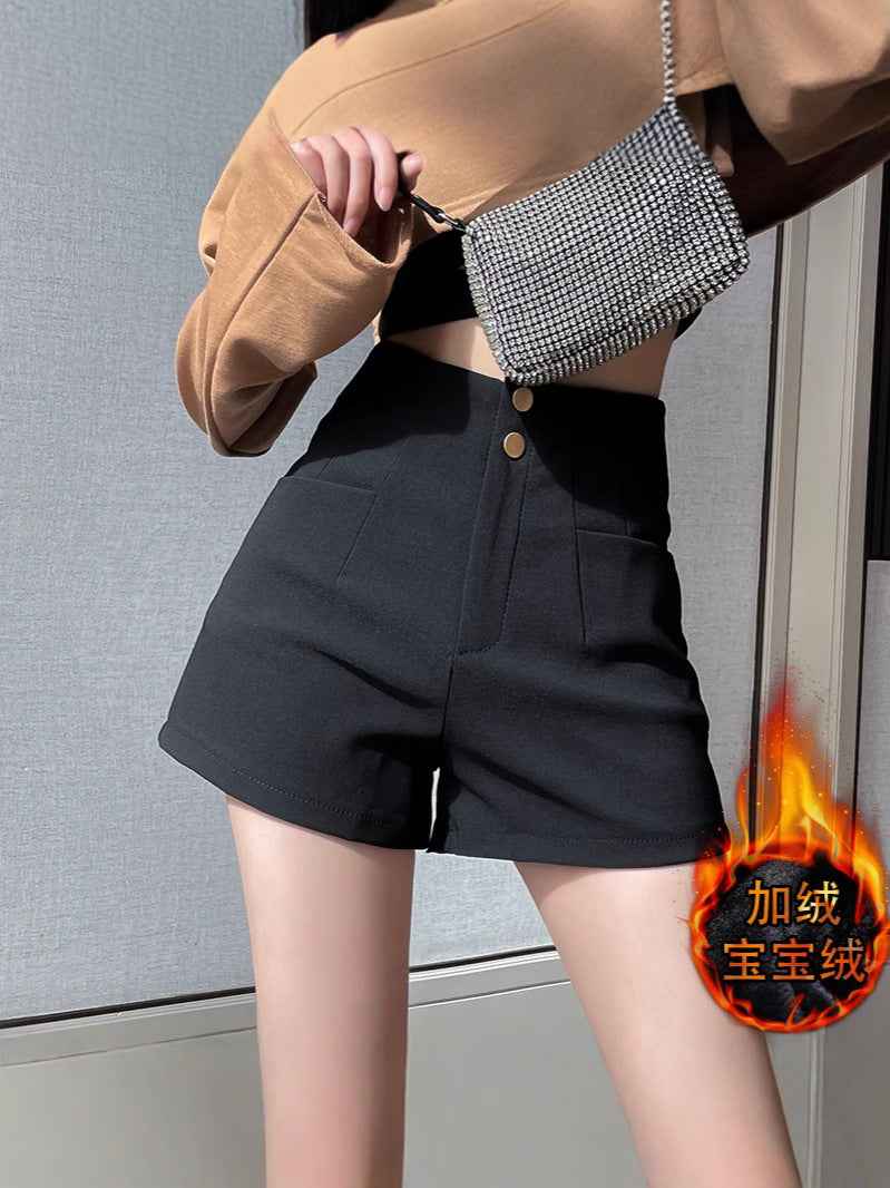 High Waist Black Woolen Shorts fleece-lined Women's Autumn and Winter 2024 New Slimming Outer Wear A- Shaped Bottoming with Boots