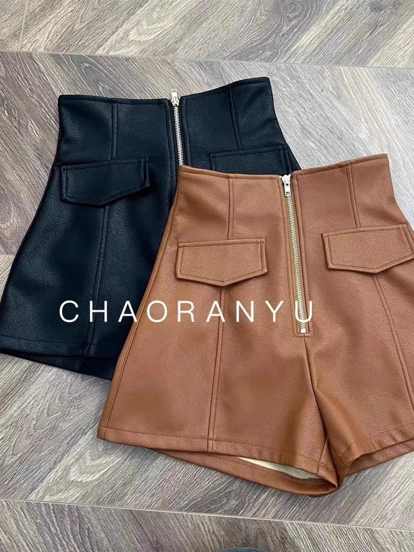 PU Leather Shorts Women's Autumn and Winter Outer Wear High Waist Slimming Boots Pants Fashionable Korean Style Elegant Leather Pants Zipper A- line Wide Leg Pants