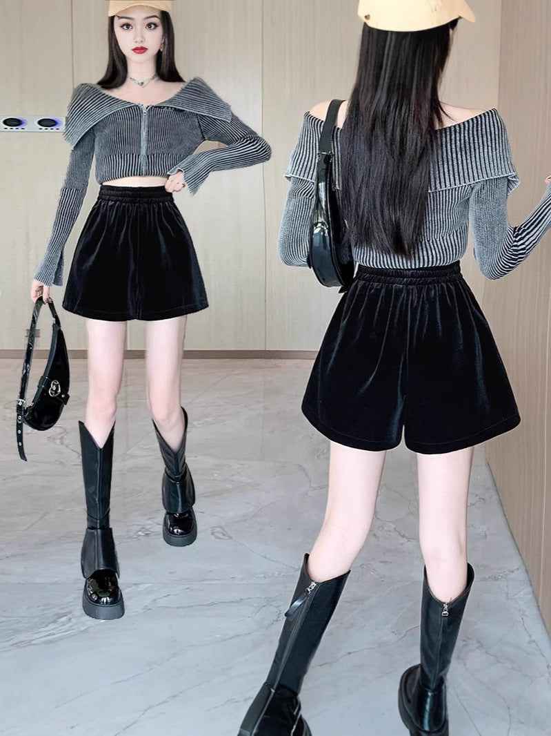 Loose Waist Velvet Black Shorts Women's Outer Wear Thickened Pants 2024 Early Autumn New Loose Wide Leg A- Shoe Pants