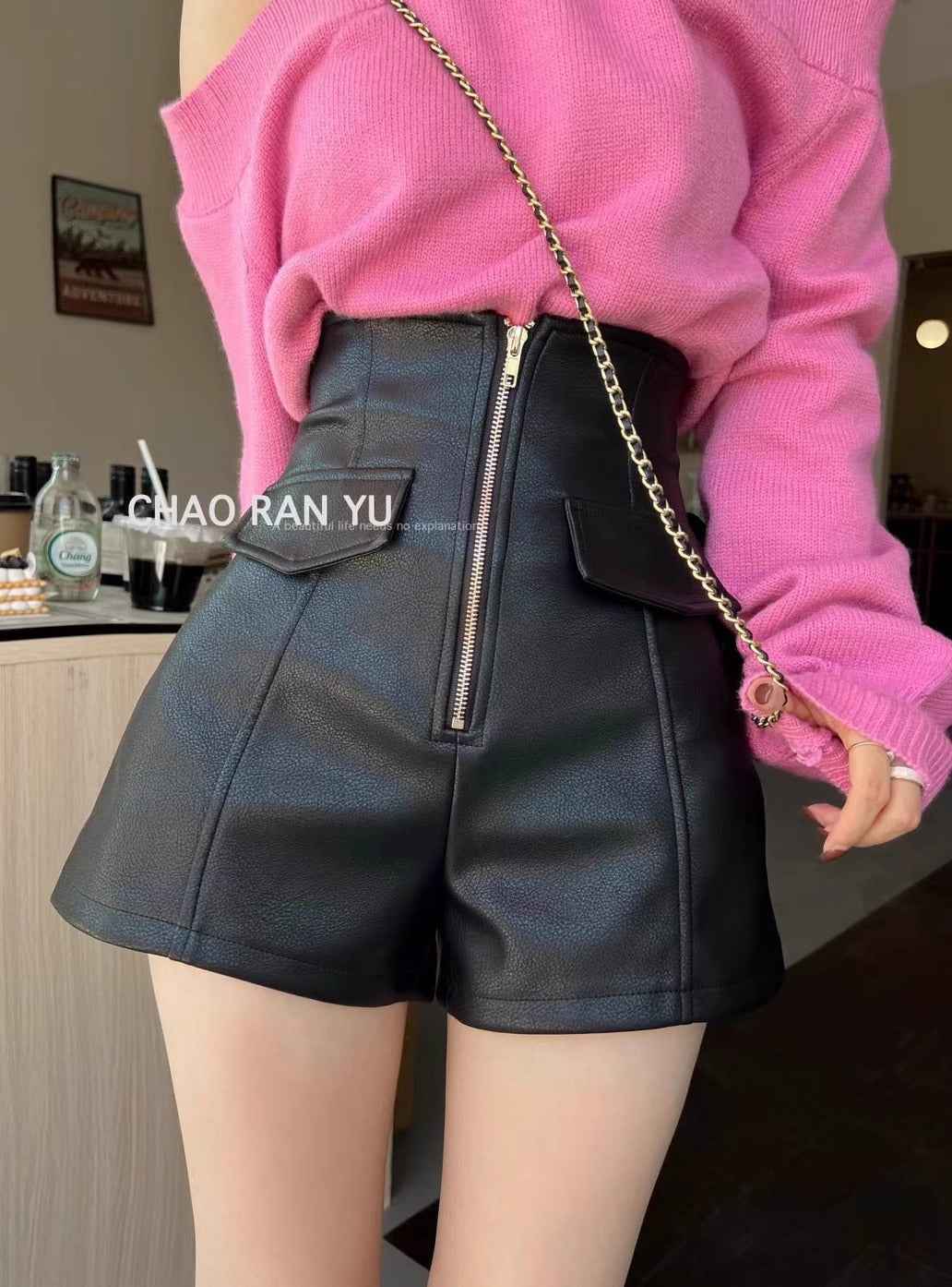 PU Leather Shorts Women's Autumn and Winter Outer Wear High Waist Slimming Boots Pants Fashionable Korean Style Elegant Leather Pants Zipper A- line Wide Leg Pants