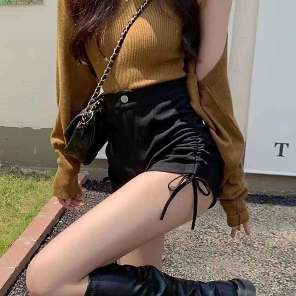 Two Side Strap Casual Shorts Women's Summer Thin Small High Waist Slimming Tight A- Line Drawstring Hot Pants for Hot Girls