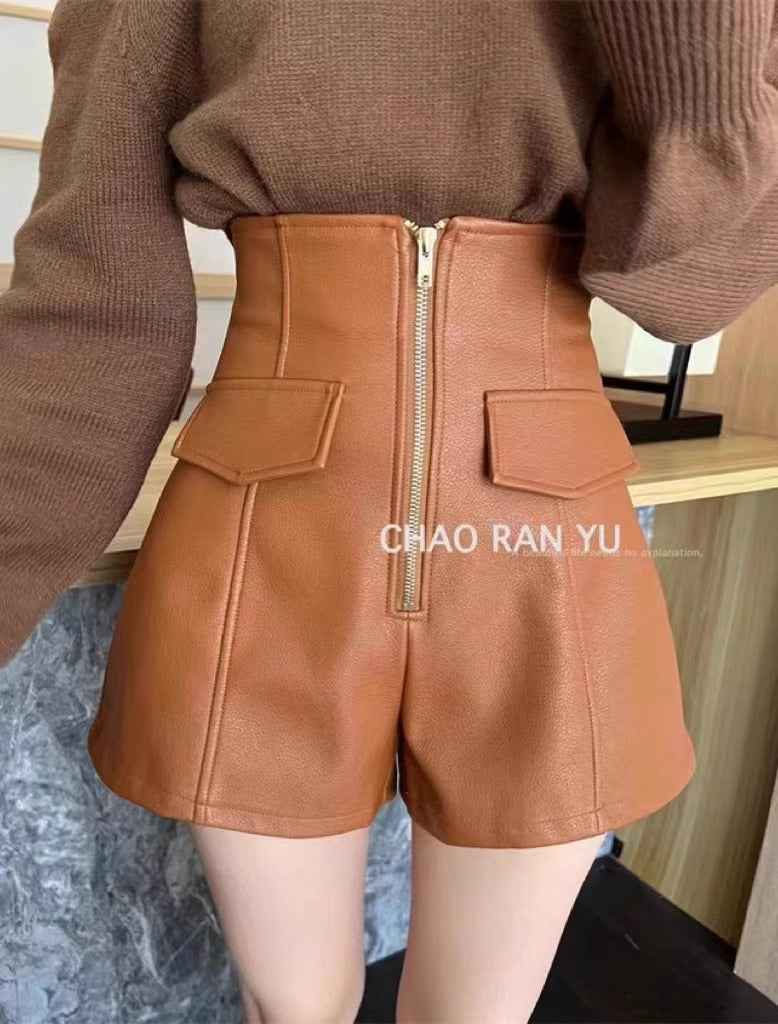 PU Leather Shorts Women's Autumn and Winter Outer Wear High Waist Slimming Boots Pants Fashionable Korean Style Elegant Leather Pants Zipper A- line Wide Leg Pants