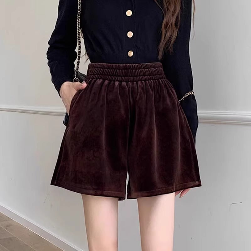 Loose Waist Velvet Black Shorts Women's Outer Wear Thickened Pants 2024 Early Autumn New Loose Wide Leg A- Shoe Pants