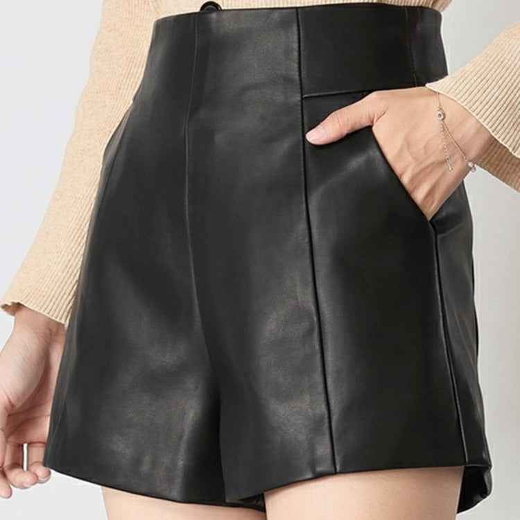 2023 Autumn Explosions Black Leather Shorts Women's High Waist Slim-fit Loose Straight A- leg Wide Leg Bottoming Boots Pants