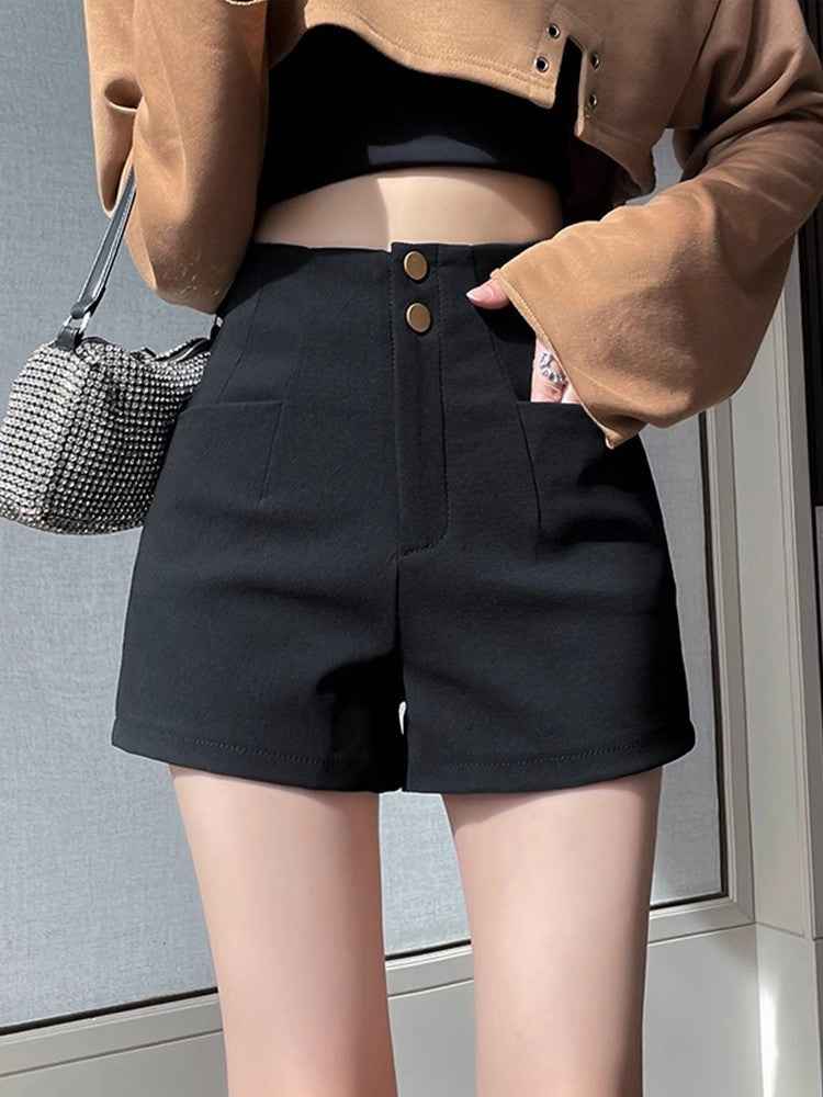 High Waist Black Woolen Shorts fleece-lined Women's Autumn and Winter 2024 New Slimming Outer Wear A- Shaped Bottoming with Boots