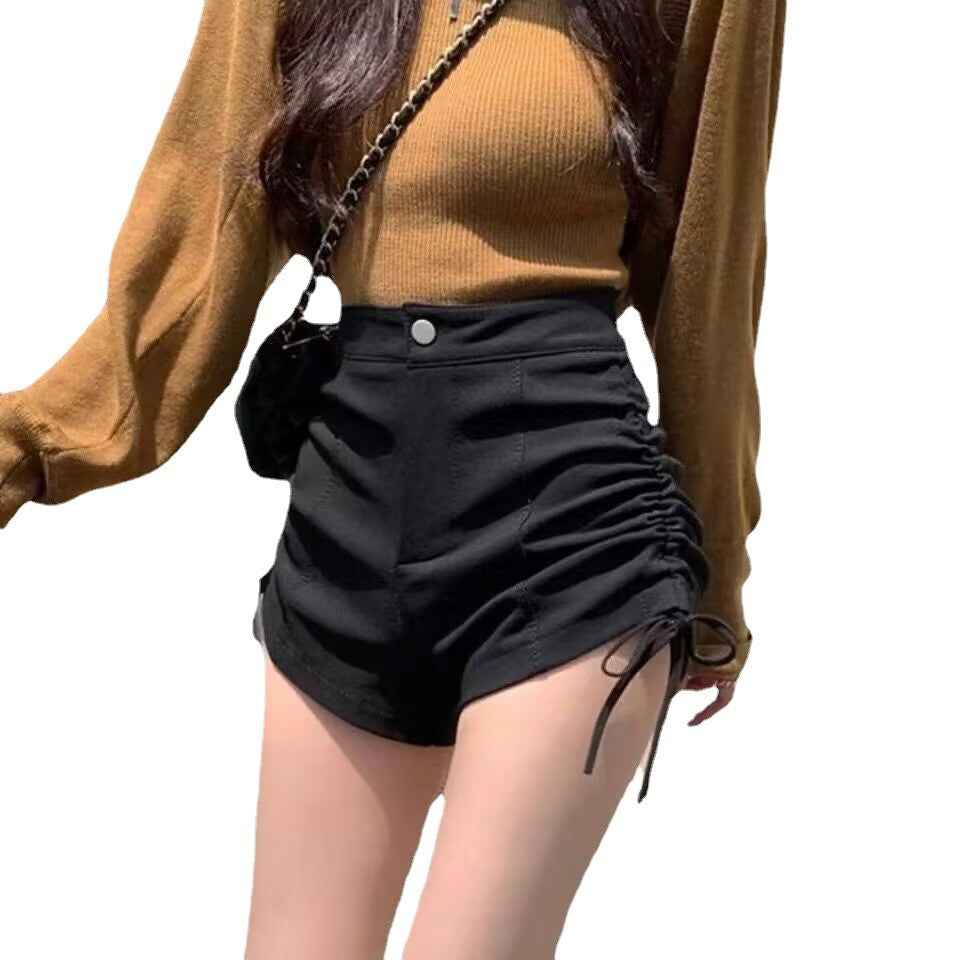Two Side Strap Casual Shorts Women's Summer Thin Small High Waist Slimming Tight A- Line Drawstring Hot Pants for Hot Girls