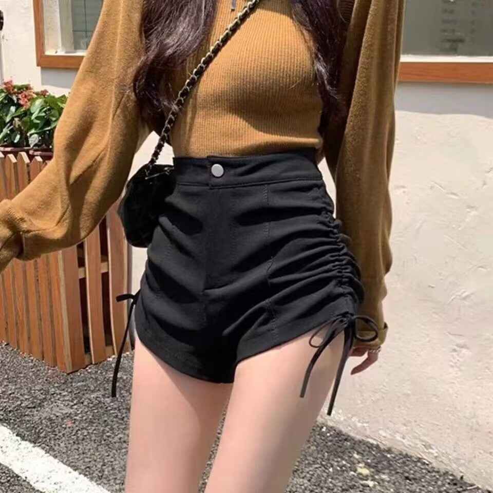 Two Side Strap Casual Shorts Women's Summer Thin Small High Waist Slimming Tight A- Line Drawstring Hot Pants for Hot Girls