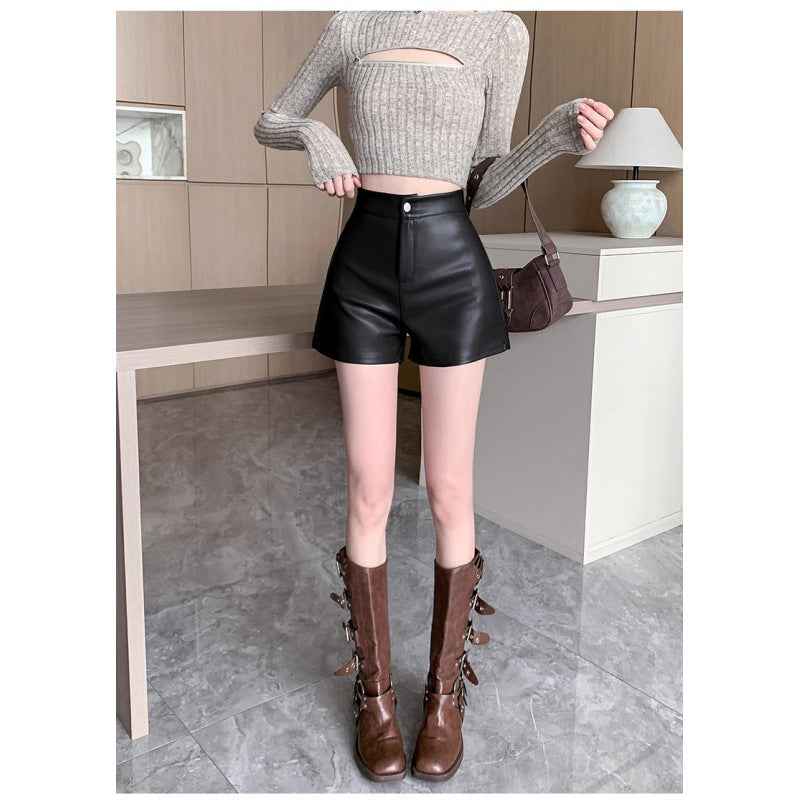 Black High Waist Leather Shorts Women's Autumn and Winter New 2024 Korean Style Tight Fit plus size chubby girl Hip All-match Outer Wear Boots Pants