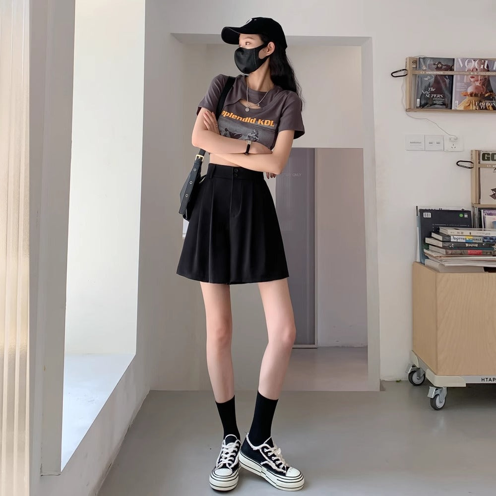 Vintage Five-point Pants Women's 2024 Autumn Suit Shorts High Waist Loose Straight Casual Wide-leg A- shaped Five-point Pants