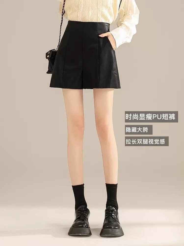 High Waist Leather Shorts Women's 2023 New Autumn and Winter A- line Slimming PU Leather Wide Leg Pants Black Korean Style Outer Boot Pants