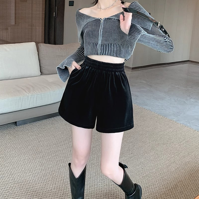 Loose Waist Velvet Black Shorts Women's Outer Wear Thickened Pants 2024 Early Autumn New Loose Wide Leg A- Shoe Pants