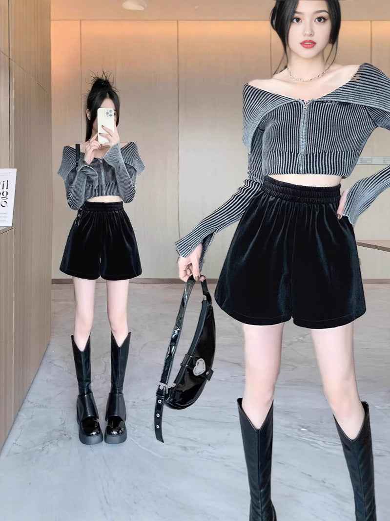 Loose Waist Velvet Black Shorts Women's Outer Wear Thickened Pants 2024 Early Autumn New Loose Wide Leg A- Shoe Pants