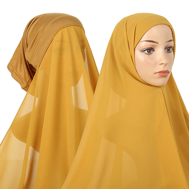 Instant Hijab with Tube Caps Women Premium Chiffon Hijab Muslim Soft Modal Cotton Open Caps Solid Colors Chiffon Shawl Turban