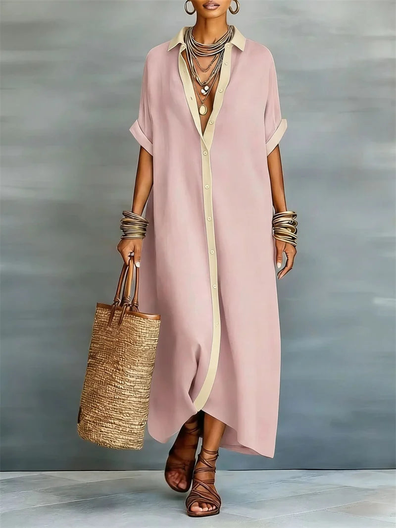 Women Comfortable Casual Cotton Linen Dresses Summer Contrasting Loose Maxi Shirt Dress Female Turndown Collar Short Sleeve Gown