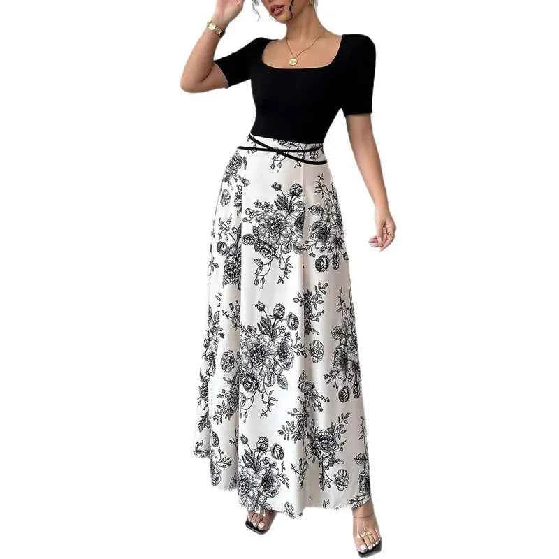 Womens Dresses Casual And Elegant Temperament Floral Print Short Sleeved Long Dress