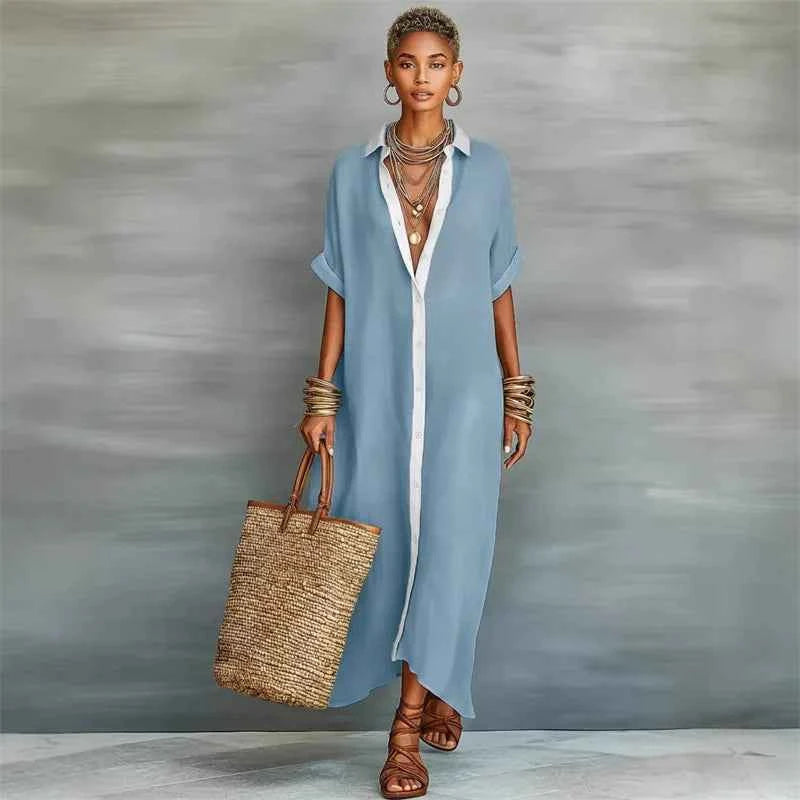 Women Comfortable Casual Cotton Linen Dresses Summer Contrasting Loose Maxi Shirt Dress Female Turndown Collar Short Sleeve Gown