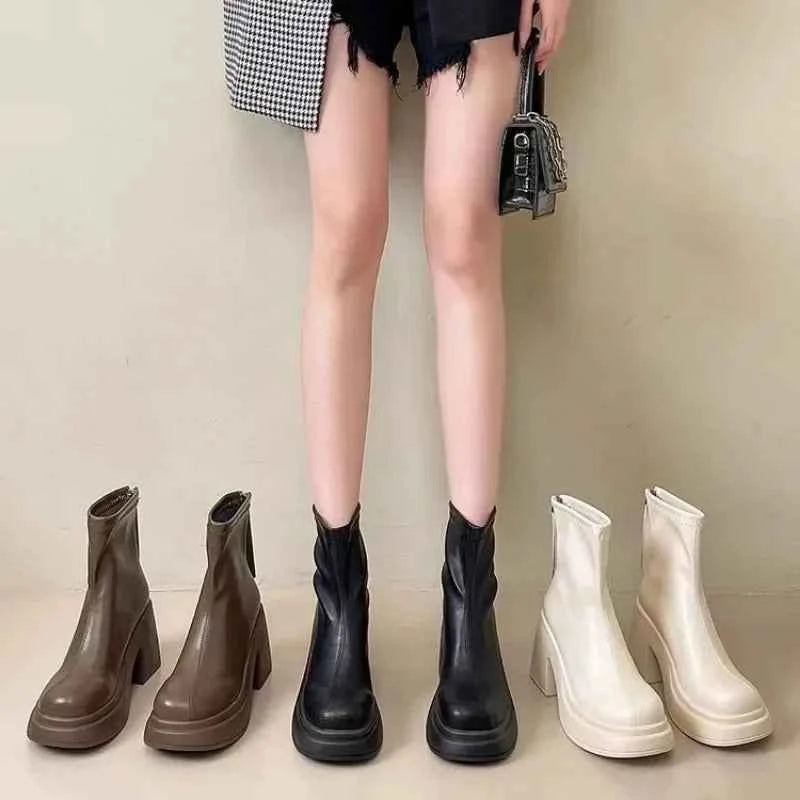 Booties Work Very High Heels Leather Female Short Shoes Combat Heeled Women's Ankle Boots Punk Style Boot Y2k Spring 2025 Autumn