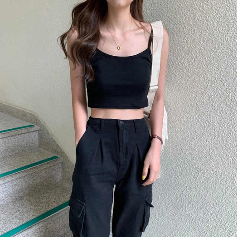 1PCS Women Sexy Solid Camis Crop Top Casual Tank Tops Vest Club High Street Sleeveless Streetwear