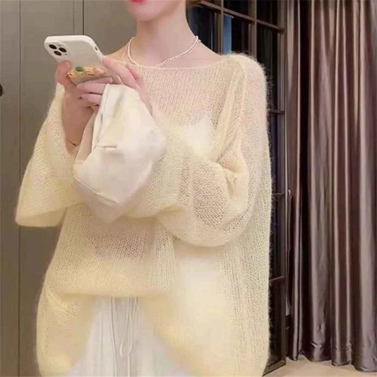 Korean Style Office Basic 2023 Pullovers Women Solid Summer Hollow Out Thin Fashion Loose Sun-proof Casual Cozy Popular Tops