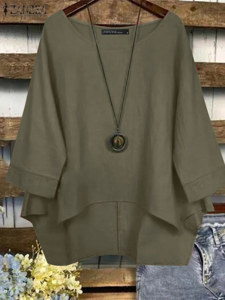 ZANZEA Woman Loose Asymmetrical Hem Blouses 2025 Autumn 3/4 Sleeve O-Neck High-Low Cotton Blusas Mujer Everyday Casual Tops