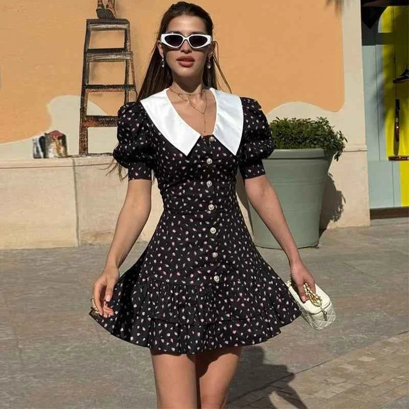Women's Puff Sleeve Mini Dress V Neck Short Sleeve Pearl Button Detail High Waist Elegant Evening Party Dress