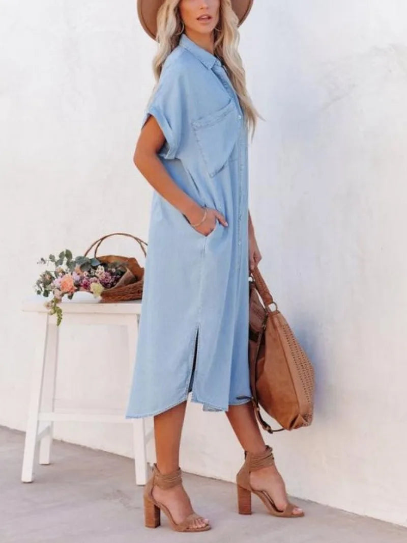 Women's Casual Loose Solid Color Short Sleeved Long Slit Shirt Dress with Shoulder Sleeves and Button Up Dress