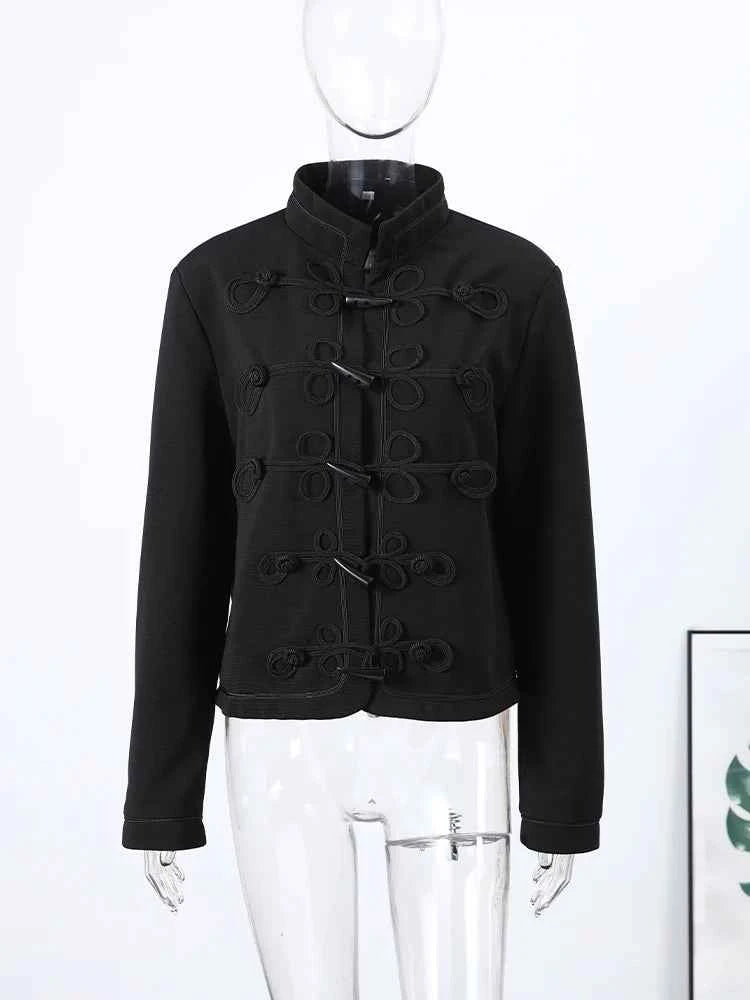 Retro Horn Button Black Jacket For Women Elegant Long Sleeve Stand Collar Coat 2026 Spring New Chic Lady Street Casual Outerwear