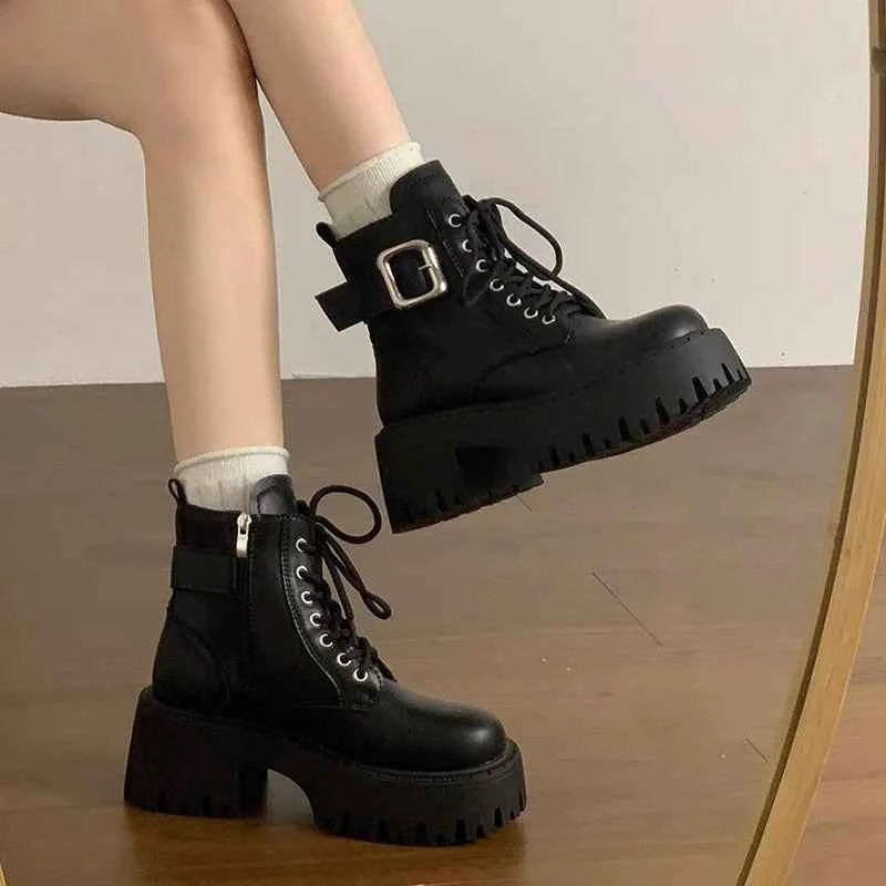 Black Thick Heel  Boots Women's British Style Spring Autumn New Fleece Lined Heightening Short Boots Warm round Toe