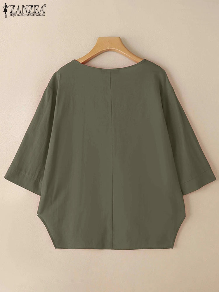 ZANZEA Woman Loose Asymmetrical Hem Blouses 2025 Autumn 3/4 Sleeve O-Neck High-Low Cotton Blusas Mujer Everyday Casual Tops